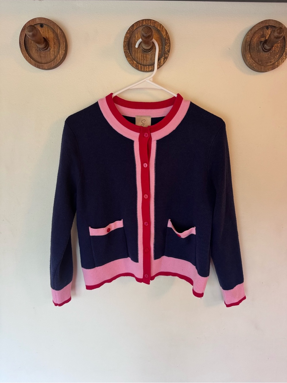 Sioni Navy Blue Cropped Cardigan sweater with Pink & Red Trim size medium
